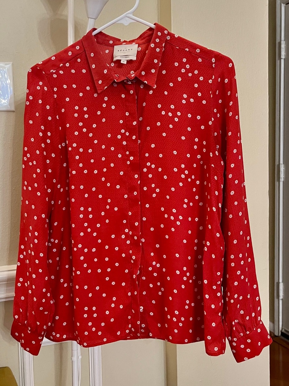 Sezane vintage silk Red Button-Down Shirt with White Polka Dots flowers